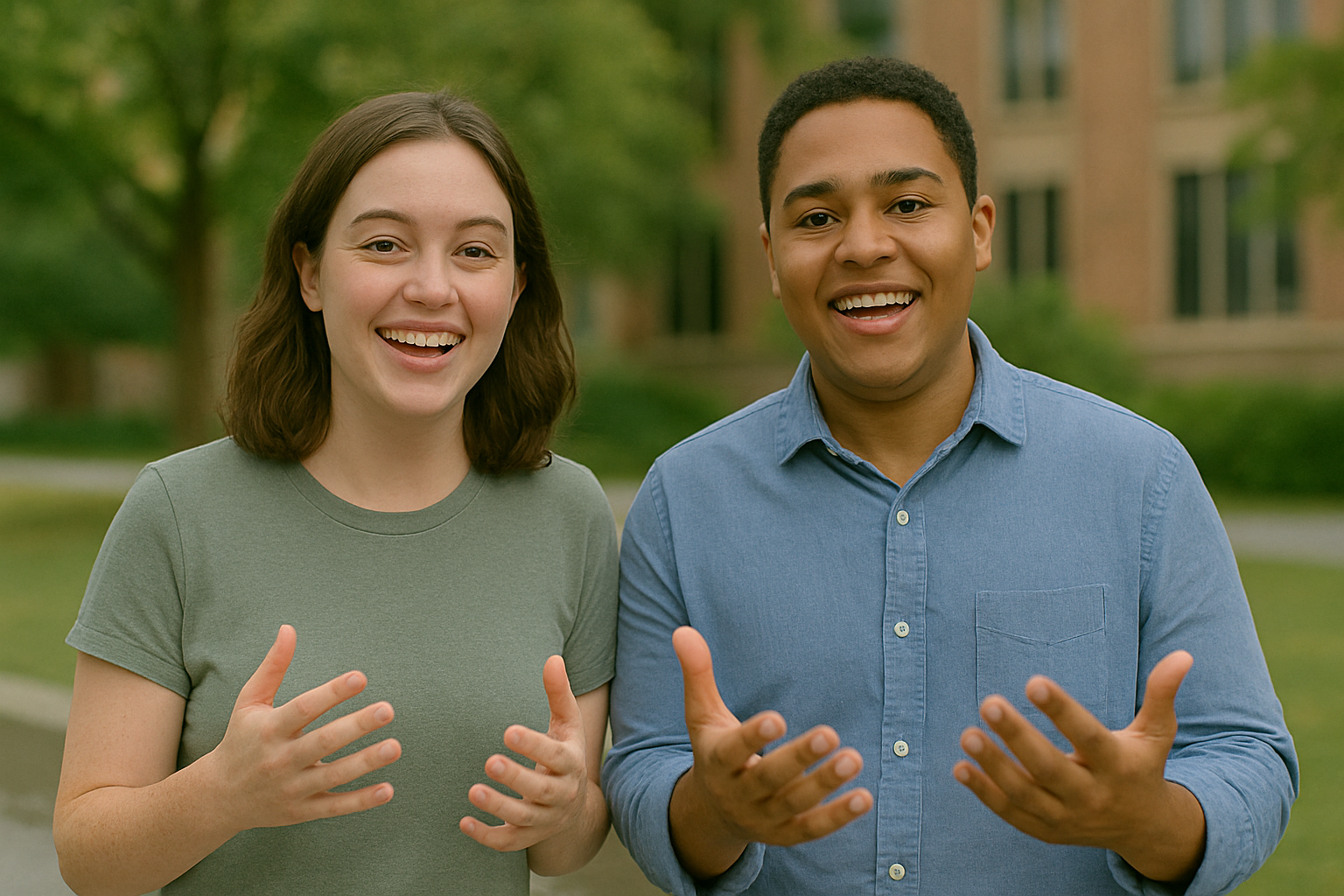 Dos jóvenes sonrientes celebrando y aprendiendo juntos, representando el aprendizaje colaborativo y la comunidad en la programación